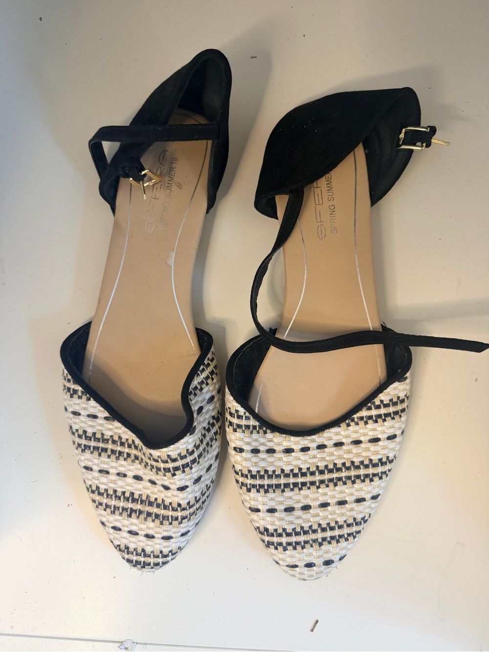Stellah Black and Cream Woven Pointed D'Orsay Flats with Ankle Strap